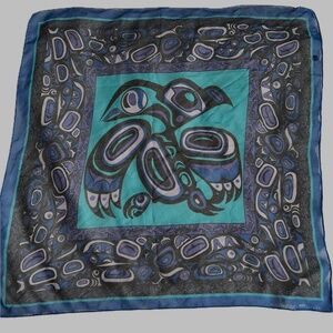 Vintage Jocelyne Wauge Scarf Pacific Northwest Canadian Indigenous Blue Bird 90s